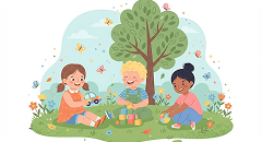 Children playing under a tree illustration